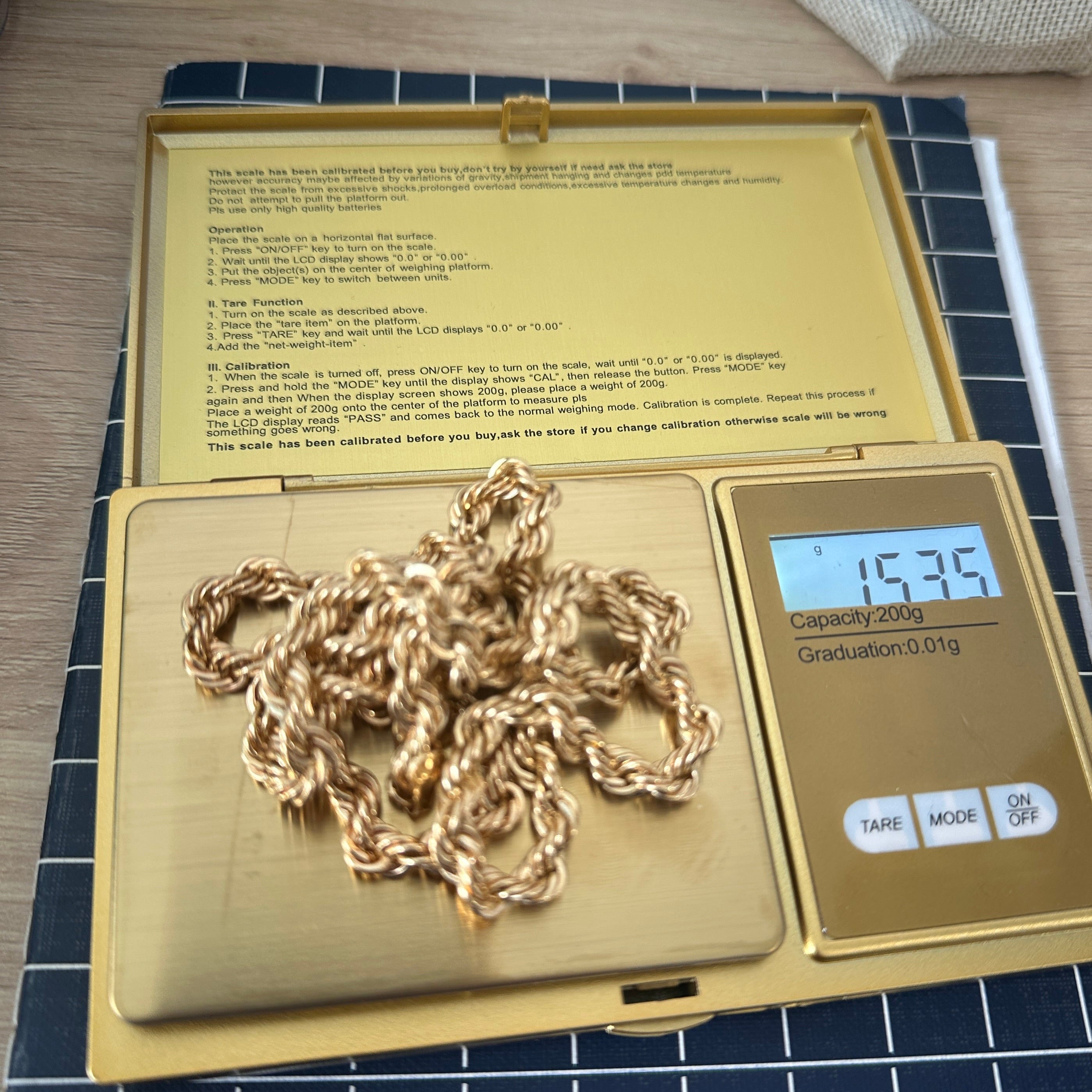 18k Gold - Rope Necklace in 24 inches and Yellow Gold Settings (15.35g)