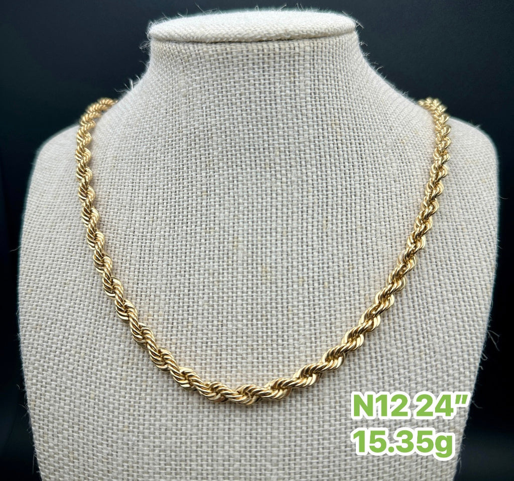 18k Gold - Rope Necklace in 24 inches and Yellow Gold Settings (15.35g)